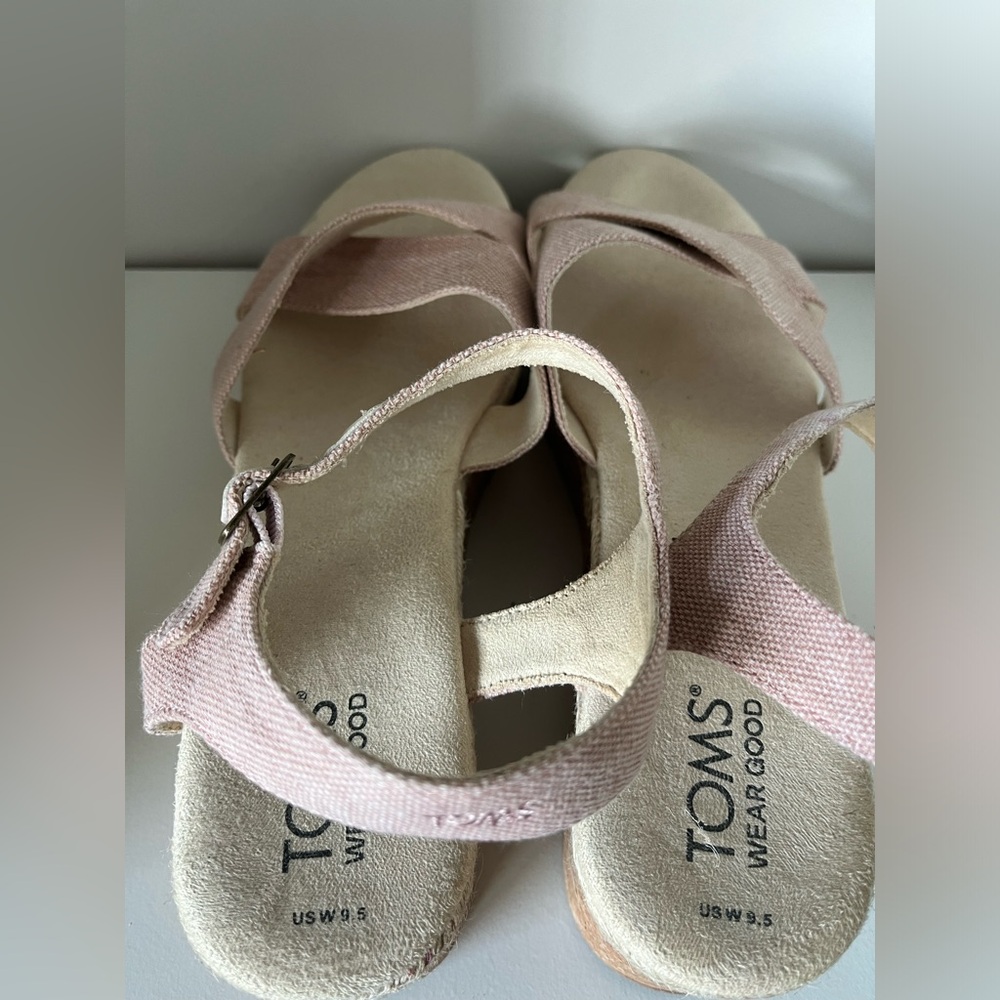 Toms Candice Strappy Cork Platform Sandal Wedge Peach Whip Chambray Canvas 9.5 - Picture 7 of 10